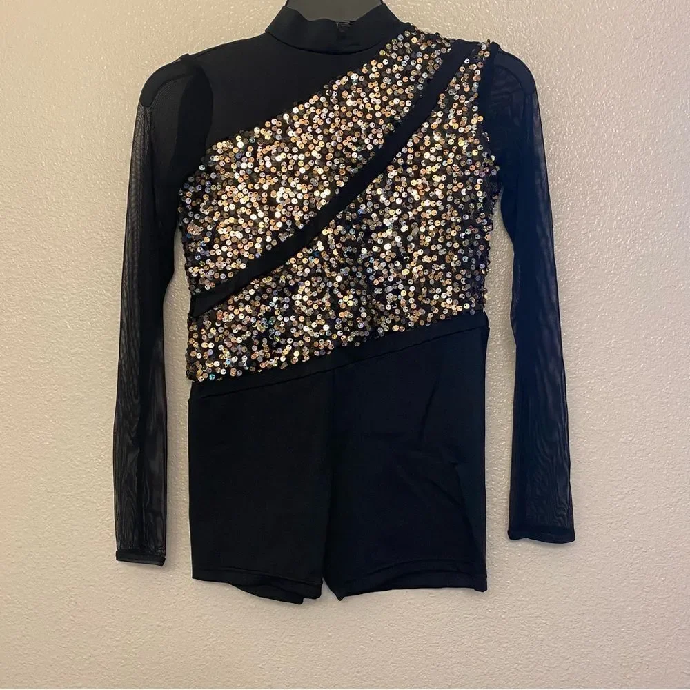 WEISSMAN Dance jazz Costume black silver gold sequin biketard 11731 XLC child